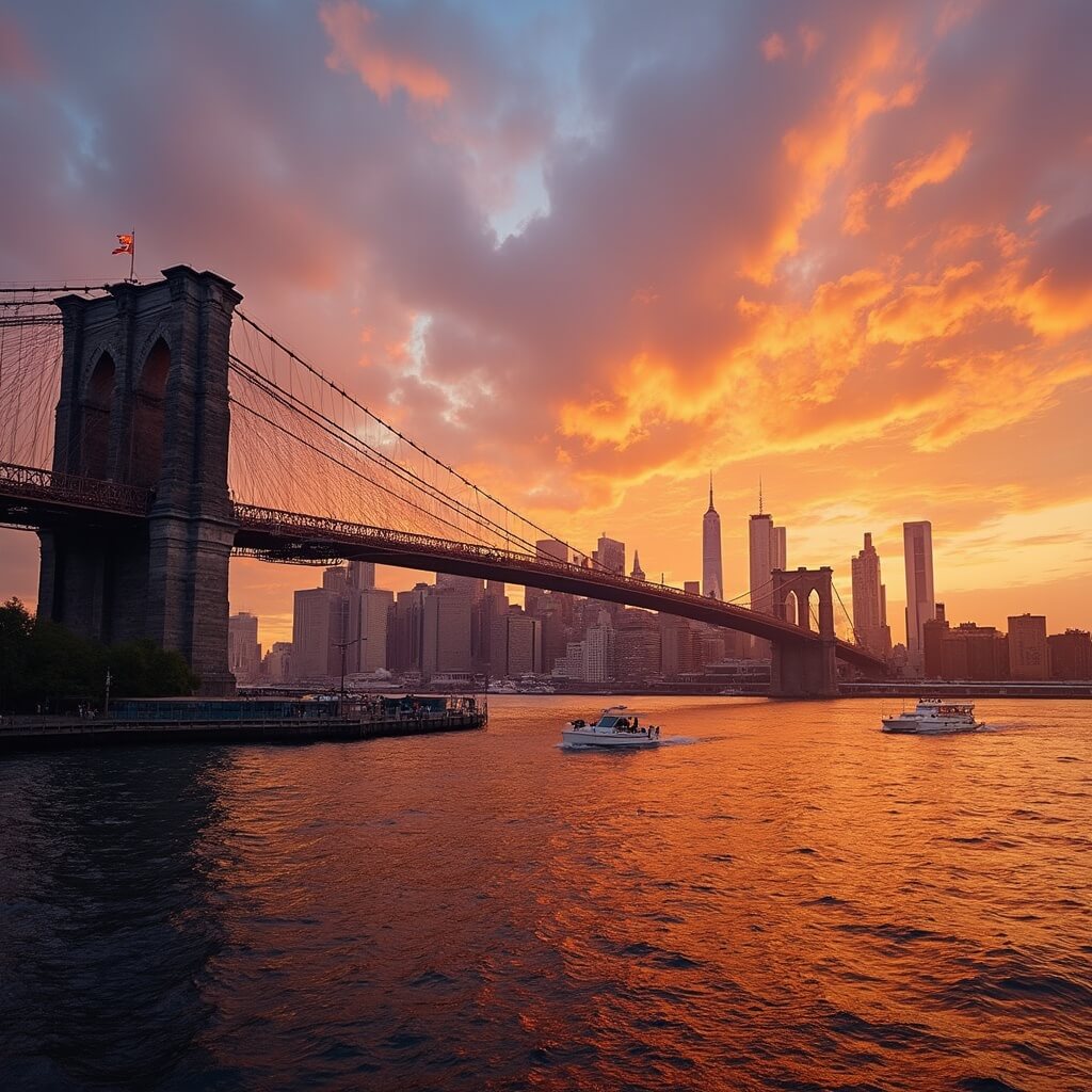 Brooklyn Bridge against colorful sunset, with East River reflecting warm light, silhouettes of Manhattan skyline and small boats on water, tourists capturing the moment on pedestrian walkway