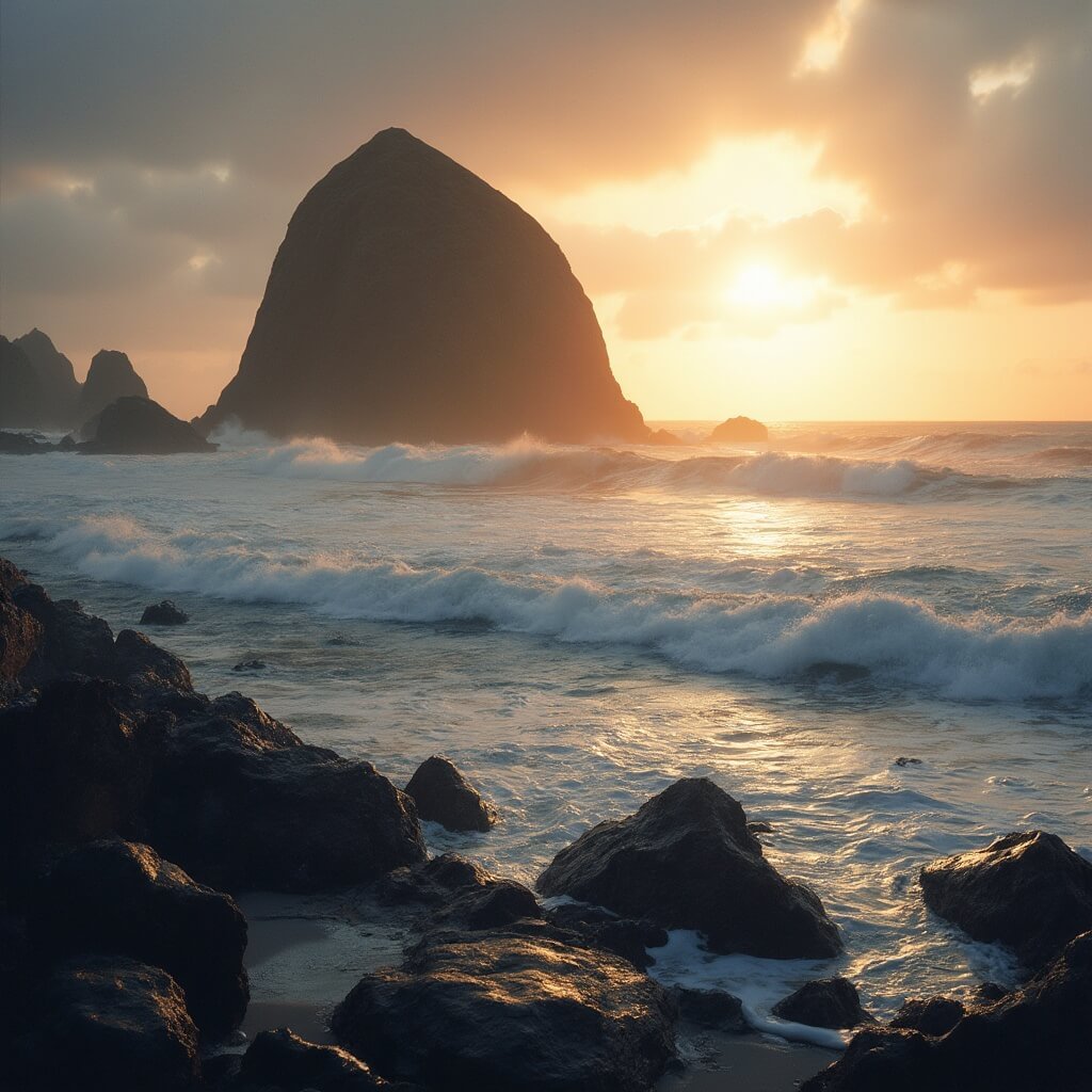 Cannon Beach, Oregon: The Hidden Coastal Gem That'll Make Haystack Rock Look Basic Cannon Beach's Haystack Rock silhouetted against a golden sunset, with Pacific Ocean waves crashing on rocky shoreline and misty atmospheric conditions, captured in low angle view