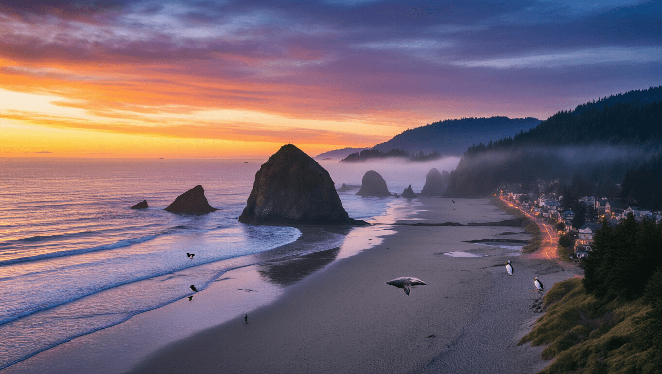 "Aerial view of Cannon Beach at sunset with silhouetted Haystack Rock, soaring puffins, breaching whale, twinkling town lights, and misty sea stacks in panoramic view."