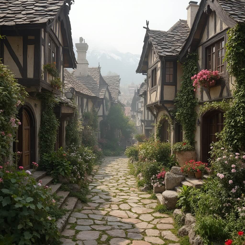 Discover Carmel-by-the-Sea: Where Fairytales Become Reality Enchanting European-style Carmel-by-the-Sea street with whimsical fairytale cottages, lush flower-filled garden, moss-covered stone pathways, and soft morning light, devoid of people.
