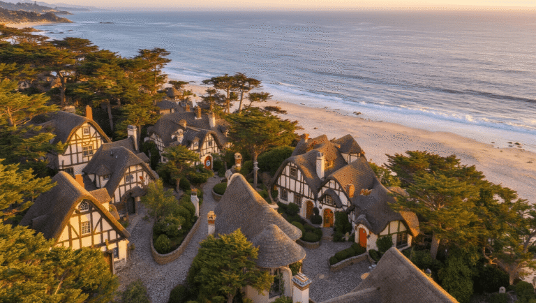 Discover Carmel-by-the-Sea: Where Fairytales Become Reality "Aerial view of Carmel-by-the-Sea at sunset featuring whimsical Tudor-style cottages among Monterey cypress trees, white sandy beach, Pacific Ocean, cobblestone pathways, Hugh Comstock-inspired cottages, Carmel Mission, and artistic elements in warm lighting"