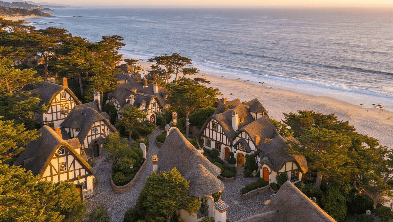 "Aerial view of Carmel-by-the-Sea at sunset featuring whimsical Tudor-style cottages among Monterey cypress trees, white sandy beach, Pacific Ocean, cobblestone pathways, Hugh Comstock-inspired cottages, Carmel Mission, and artistic elements in warm lighting"