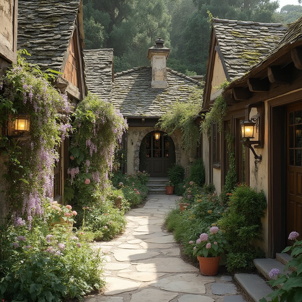 Discover Carmel-by-the-Sea: Where Fairytales Become Reality Secluded courtyard in Carmel with stone pathways, fairy-tale cottage-style buildings, flowering wisteria, potted hydrangeas, and native California wildflowers under dappled sunlight filtering through Monterey cypress trees.