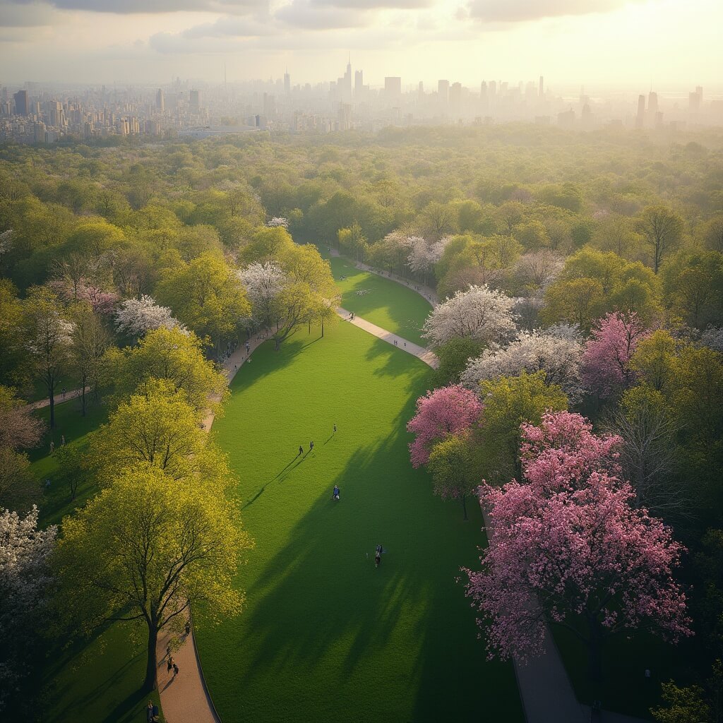 Aerial view of Central Park in spring with blooming trees and morning light, people walking and cycling, New York City skyline in background