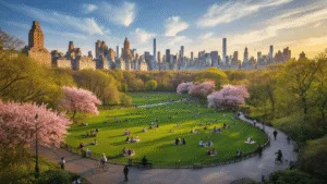 Why New York in May Will Be Your Next Unforgettable Adventure "Aerial view of Central Park in spring with blooming cherry blossoms, picnicking people, street performers, cyclists, Manhattan skyline, and floating clouds during golden hour"