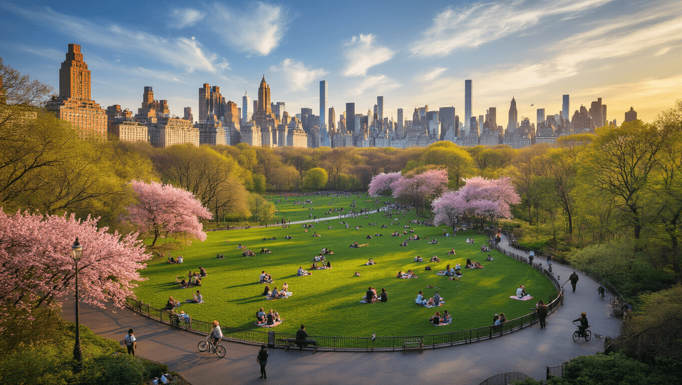 "Aerial view of Central Park in spring with blooming cherry blossoms, picnicking people, street performers, cyclists, Manhattan skyline, and floating clouds during golden hour"