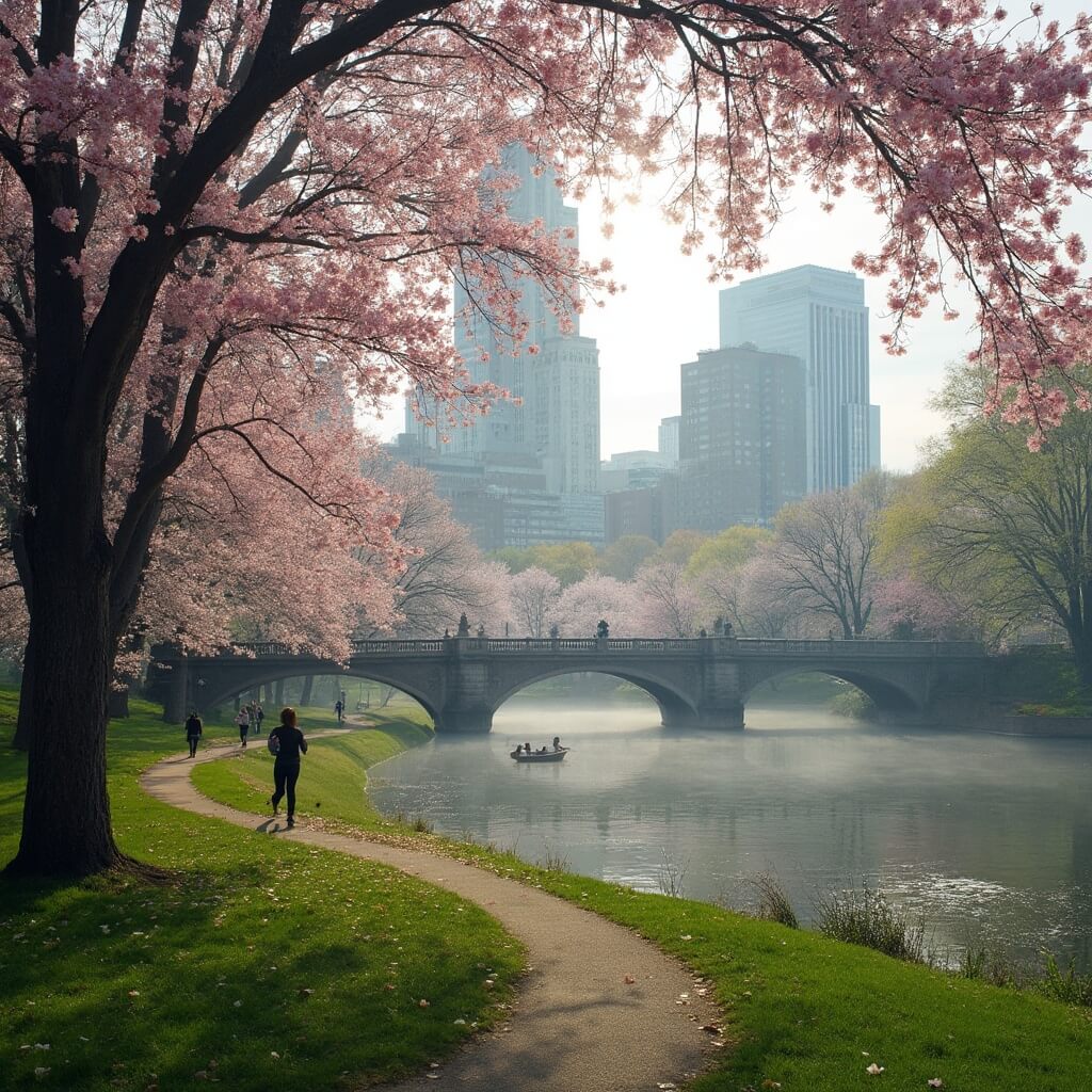 Early morning view of Central Park in May with cherry blossoms, joggers, row boats on a lake, stone bridges, spring foliage, and the Manhattan skyline through trees in soft light.
