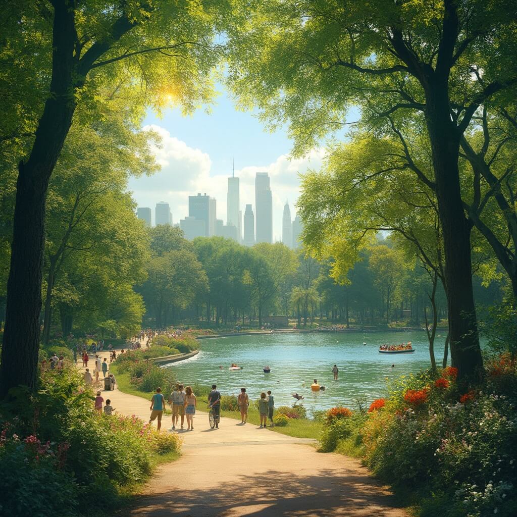 Sunny summer day in Central Park with people enjoying the park, boating on the lake, under the dappled sunlight through lush green trees, with NYC skyline in the distant background