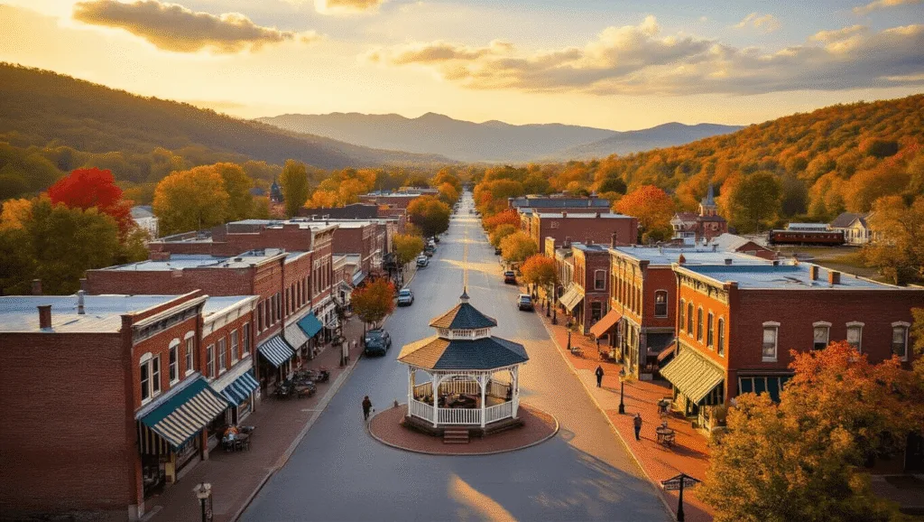 10 Charming Small Towns in the U.S. You Need to Visit: Your Ultimate Hidden Gem Travel Guide "Aerial view of a small American town at golden hour, featuring a Main Street with historic buildings, a town square gazebo, local shops, Victorian homes, and a vintage train depot, surrounded by autumn hills and a sunset mountain backdrop."