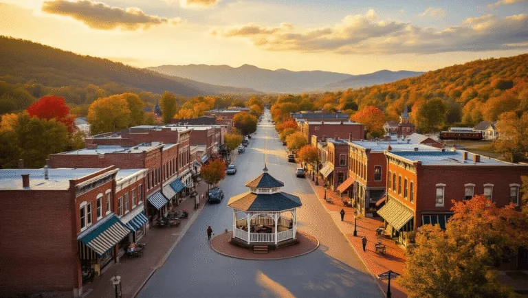 10 Charming Small Towns in the U.S. You Need to Visit: Your Ultimate Hidden Gem Travel Guide "Aerial view of a small American town at golden hour, featuring a Main Street with historic buildings, a town square gazebo, local shops, Victorian homes, and a vintage train depot, surrounded by autumn hills and a sunset mountain backdrop."
