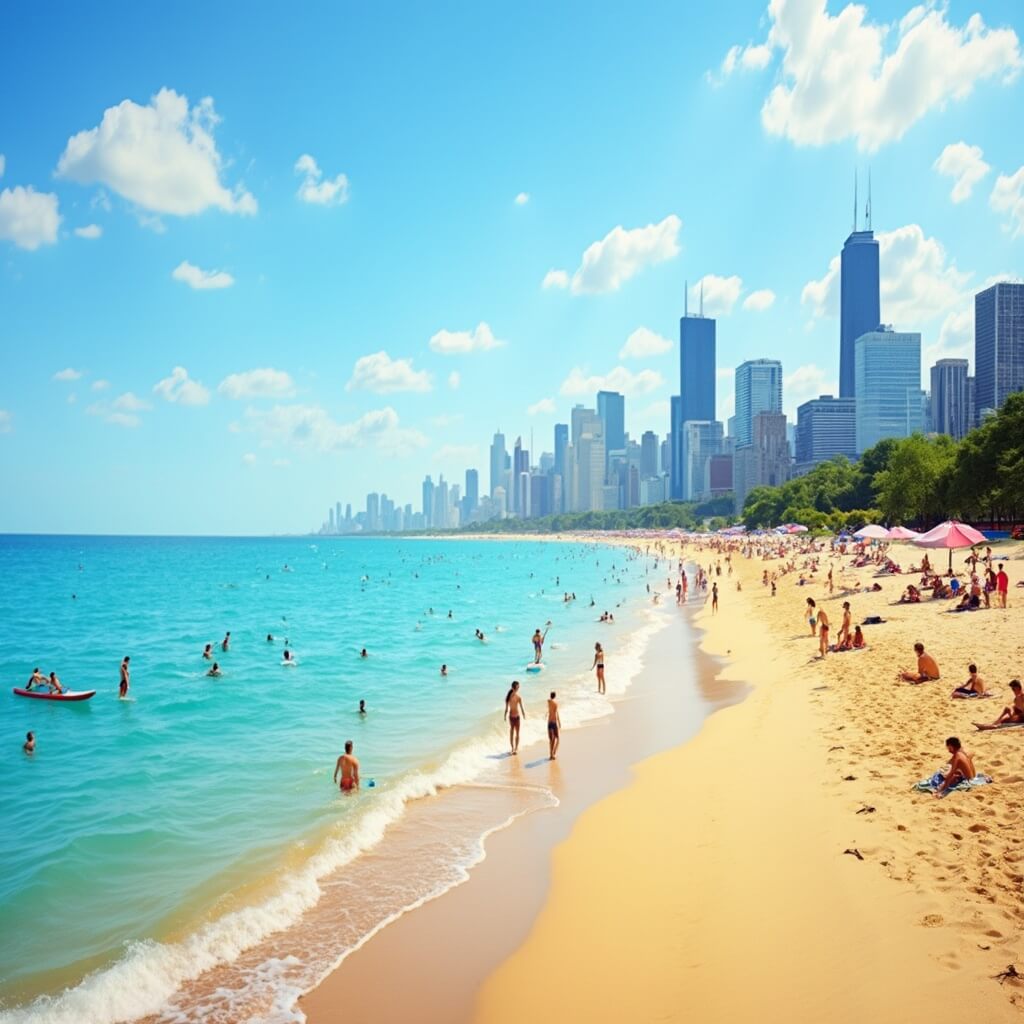 Unlocking Chicago's June Magic: Your Ultimate Festival & Fun Guide Summer scene at North Avenue Beach, Chicago with people paddleboarding on Lake Michigan, sunbathing on sandy shoreline, downtown skyline in background, under clear blue sky with soft clouds.
