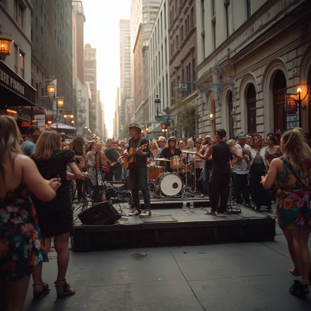 Unlocking Chicago's June Magic: Your Ultimate Festival & Fun Guide Passionate blues musicians performing at Chicago Blues Festival with diverse crowd dancing, vintage Chicago architecture and soft golden hour light.