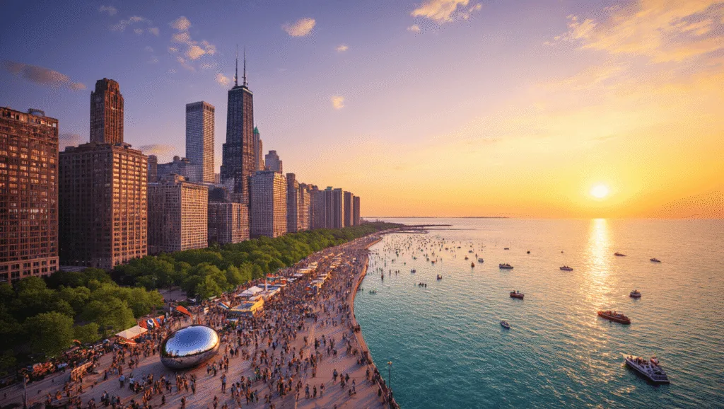 Unlocking Chicago's June Magic: Your Ultimate Festival & Fun Guide "Aerial view of downtown Chicago in June at sunset, showcasing Millennium Park, Lake Michigan, outdoor concerts, pride flags, and the city's skyline reflecting in the Cloud Gate sculpture, with crowded rooftop bars and outdoor dining venues."
