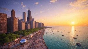 Unlocking Chicago's June Magic: Your Ultimate Festival & Fun Guide "Aerial view of downtown Chicago in June at sunset, showcasing Millennium Park, Lake Michigan, outdoor concerts, pride flags, and the city's skyline reflecting in the Cloud Gate sculpture, with crowded rooftop bars and outdoor dining venues."