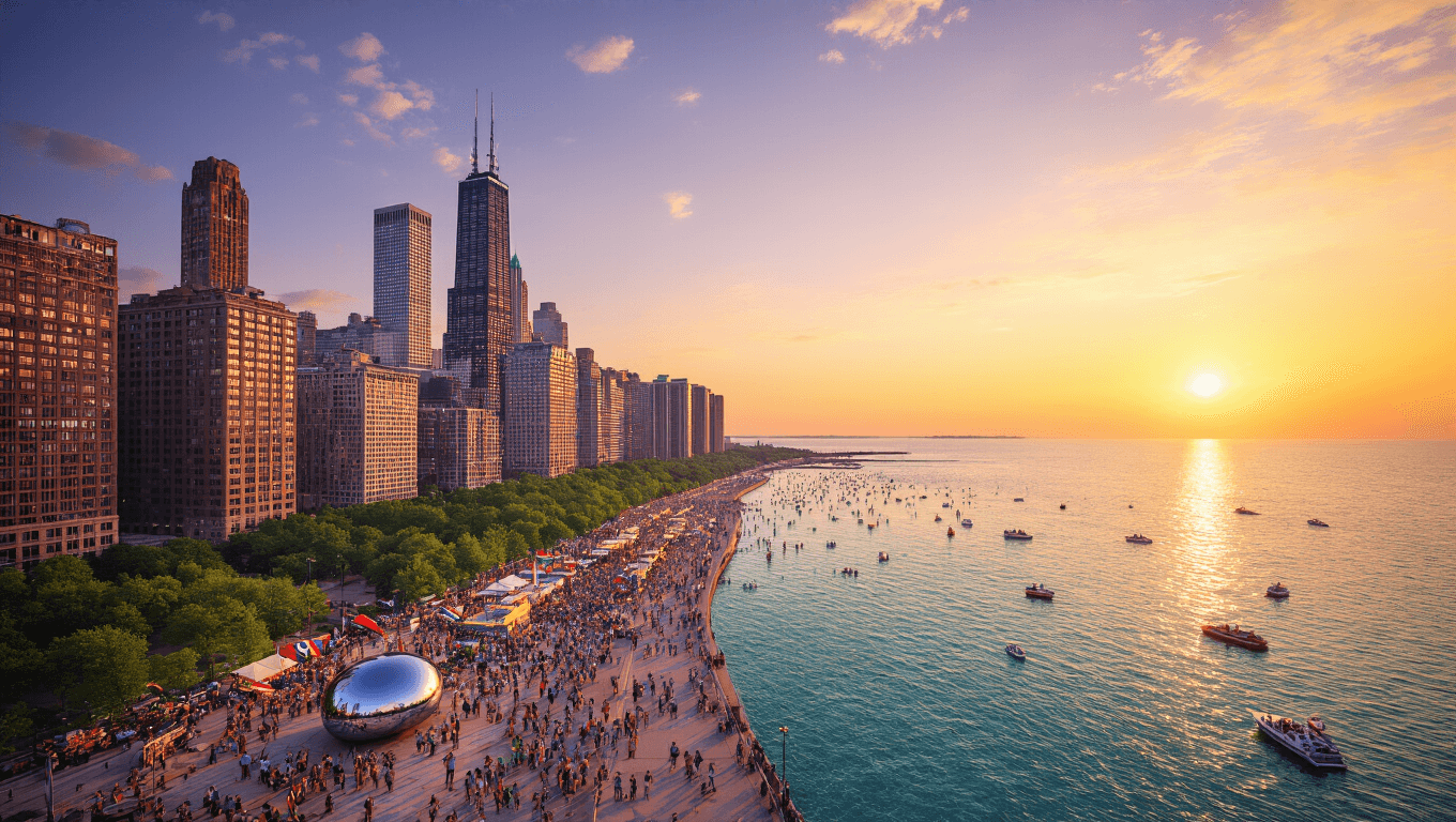 "Aerial view of downtown Chicago in June at sunset, showcasing Millennium Park, Lake Michigan, outdoor concerts, pride flags, and the city's skyline reflecting in the Cloud Gate sculpture, with crowded rooftop bars and outdoor dining venues."