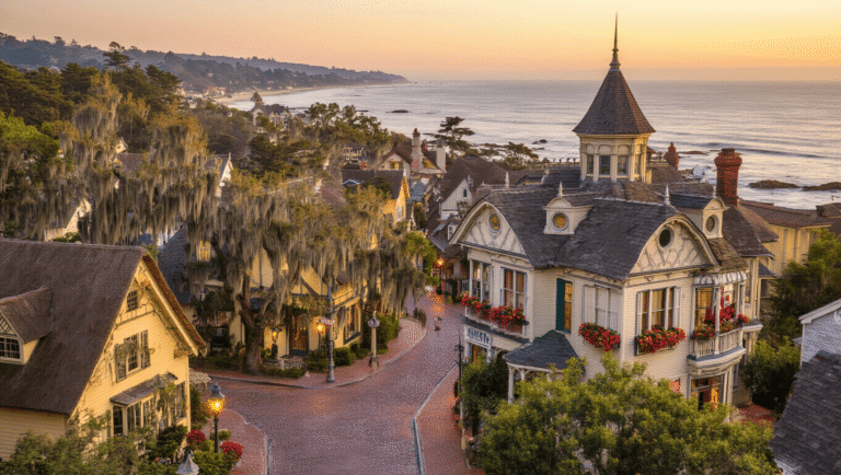 12 Storybook Small Towns in the U.S.: Where Fairytales Meet Reality "Aerial view of Carmel-by-the-Sea and Beaufort towns at golden hour with whimsical cottages, winding cobblestone streets, an ornate Victorian home, ancient oaks draped with Spanish moss, flower boxes, and a sparkling ocean backdrop, all rendered in storybook illustration style with photographic realism."