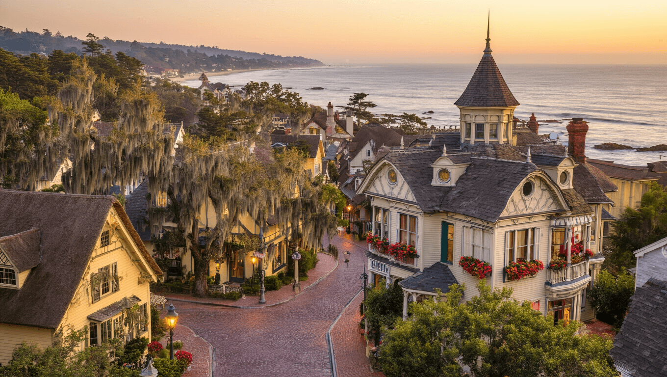 "Aerial view of Carmel-by-the-Sea and Beaufort towns at golden hour with whimsical cottages, winding cobblestone streets, an ornate Victorian home, ancient oaks draped with Spanish moss, flower boxes, and a sparkling ocean backdrop, all rendered in storybook illustration style with photographic realism."