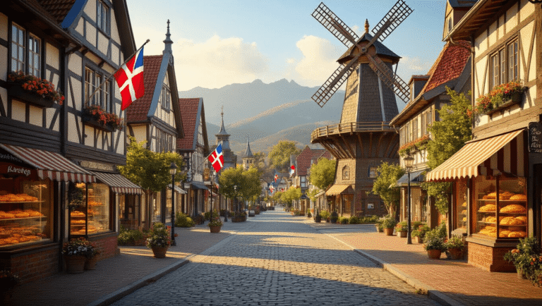 Solvang: Where Danish Dreams Dance in California Sunshine "Sunlit Danish village street in California with half-timbered buildings, wooden windmill, Danish and American flags, colorful flower boxes, Dragon Spire, bakey storefronts, all under the Santa Ynez mountains backdrop during golden hour"