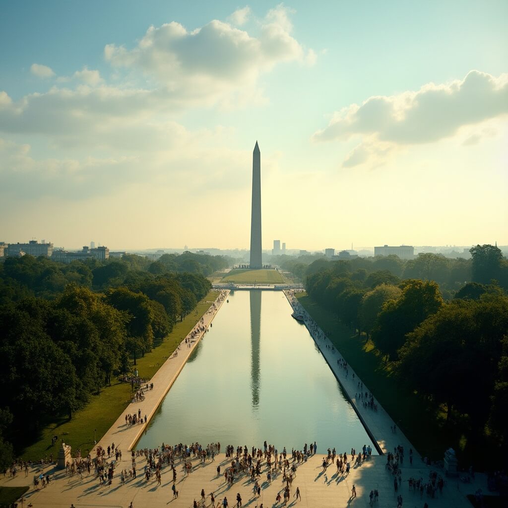 Aerial view of Washington D.C. featuring the Lincoln Memorial and Washington Monument, with tourists walking pathways in lush greenery under a clear blue sky, high resolution drone image.