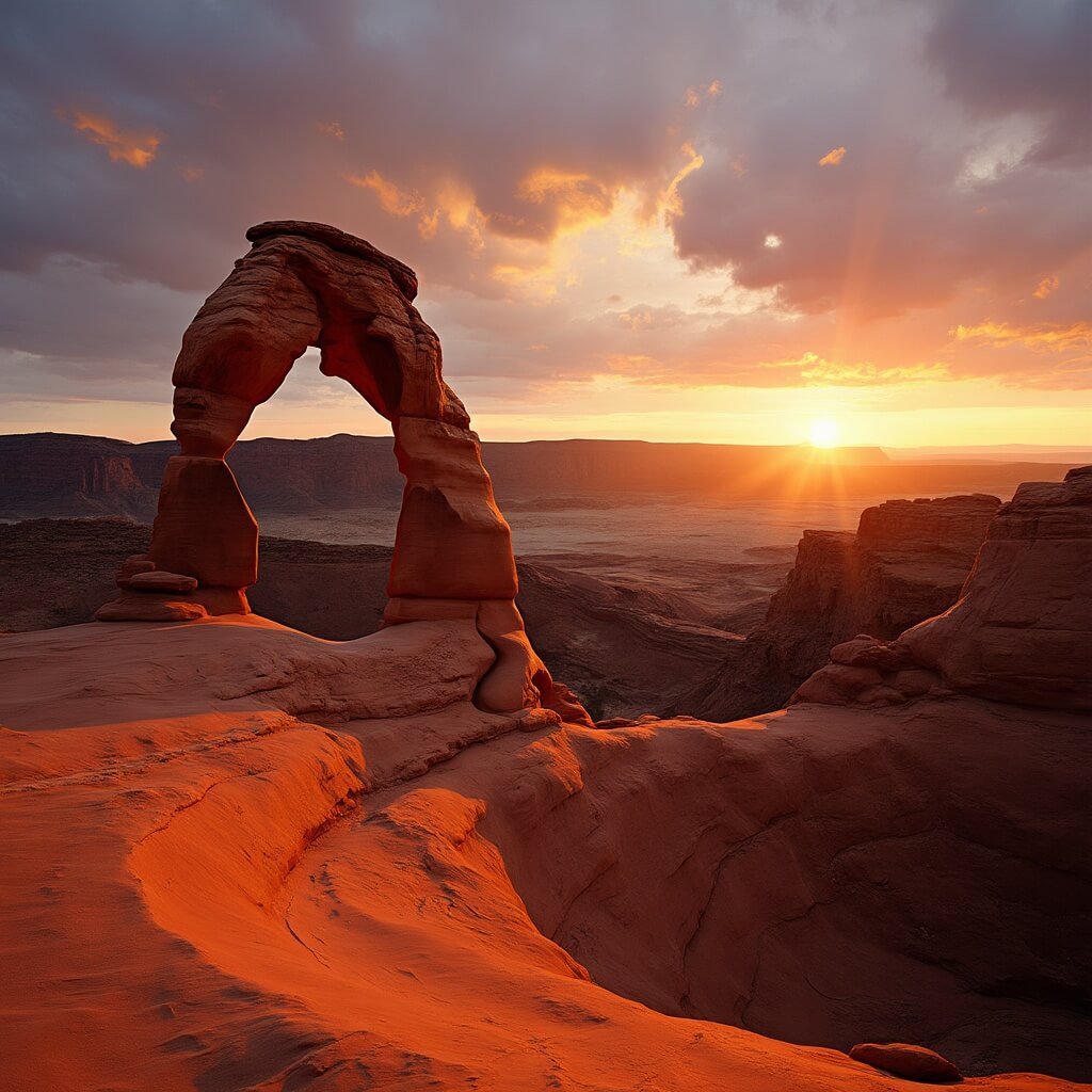 Moab, Utah Adventures: Where Red Rocks Meet Wild Experiences Dramatic sunrise illuminating the silhouetted Delicate Arch in Arches National Park, with layered rock formations and expansive desert vista in deep shadows