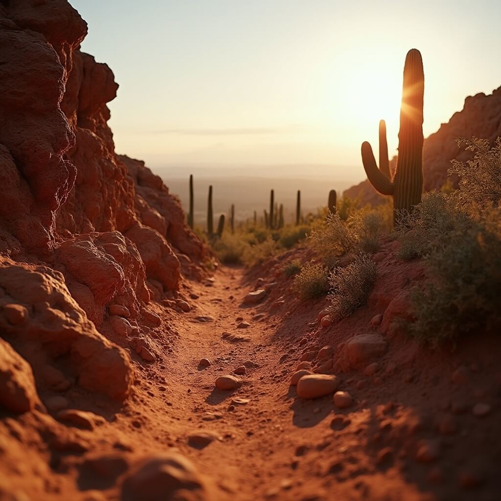 Phoenix in May: Your Ultimate Guide to the Hottest Time in the Desert City Early morning view of a deserted hiking trail in a rocky terrain with shadowed saguaro cacti, showcasing warm earthy colors and sharp details