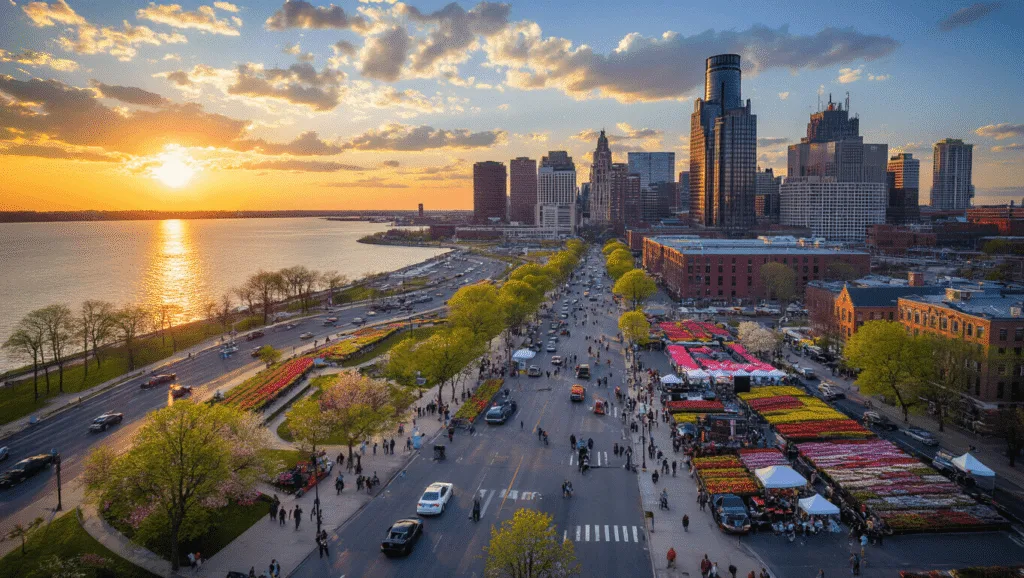 Detroit in May: Your Ultimate Guide to Motor City's Most Electrifying Month "Aerial view of Detroit cityscape at sunset with Renaissance Center, Detroit River, Grand Prix track, bustling streets with festival, Riverwalk, Eastern Market flower stalls, and Movement Festival stages"