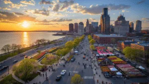 Detroit in May: Your Ultimate Guide to Motor City's Most Electrifying Month "Aerial view of Detroit cityscape at sunset with Renaissance Center, Detroit River, Grand Prix track, bustling streets with festival, Riverwalk, Eastern Market flower stalls, and Movement Festival stages"