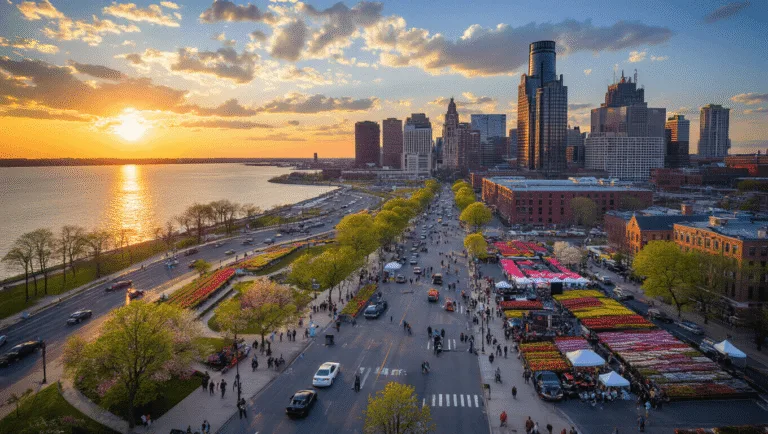 Detroit in May: Your Ultimate Guide to Motor City's Most Electrifying Month "Aerial view of Detroit cityscape at sunset with Renaissance Center, Detroit River, Grand Prix track, bustling streets with festival, Riverwalk, Eastern Market flower stalls, and Movement Festival stages"