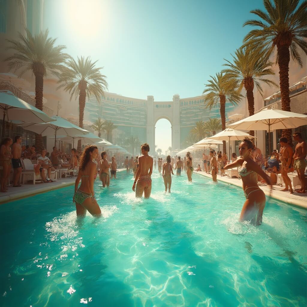 Luxurious pool party at Encore Beach Club with young crowd dancing in high-end swimwear, crystal clear turquoise water, bright sunlight causing lens flares, surrounded by palm trees and sophisticated resort architecture in the visible Nevada desert heat.