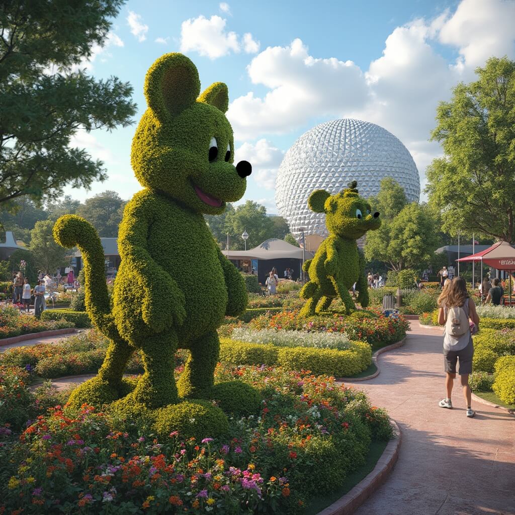 Visitors exploring Epcot International Flower & Garden Festival with intricate Disney character topiary sculptures, colorful flower beds, and manicured gardens under soft natural lighting.