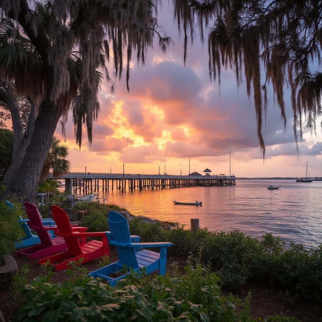 7 Underrated Southern Towns That'll Make You Ditch Your Usual Vacation Spots Sunset over Mobile Bay at Fairhope, Alabama with a pier, colorful Adirondack chairs, palm trees, live oaks with Spanish moss, and sailboats in the distance