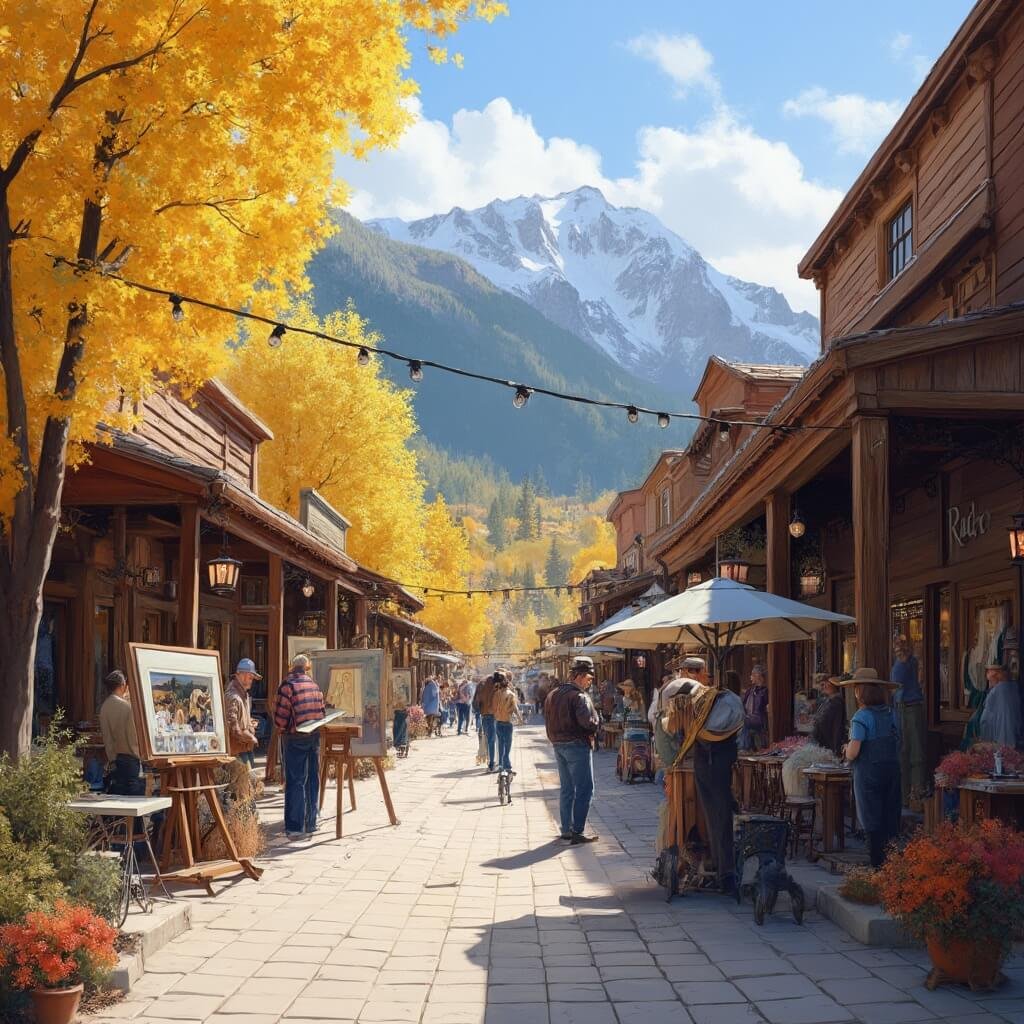 Why Jackson, Wyoming is Your Ultimate Adventure Paradise (Without the Tourist Trap Hassle) Downtown street during Fall Arts Festival with artists painting, historical buildings, mountain views, aspen trees, and local artisan displays