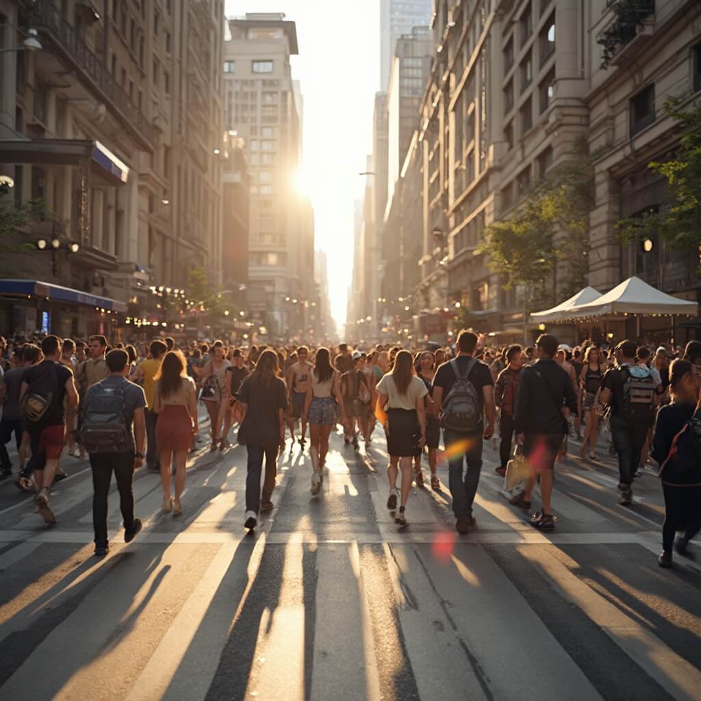 Diverse crowd participating in Museum Mile Festival on a bustling Fifth Avenue, with street performers, sunlit museum facades, and New York architectural details in warm golden hour light