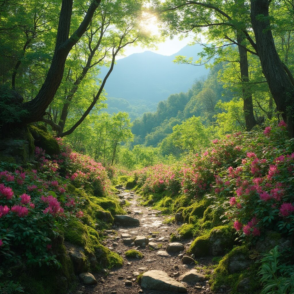 Washington in May: Your Ultimate Guide to Springtime Adventure and Unpredictable Charm Hiking trail through a lush green forest with blooming pink rhododendrons, sunlight coming through trees, mossy rocks and ferns, with distant mountains in the background