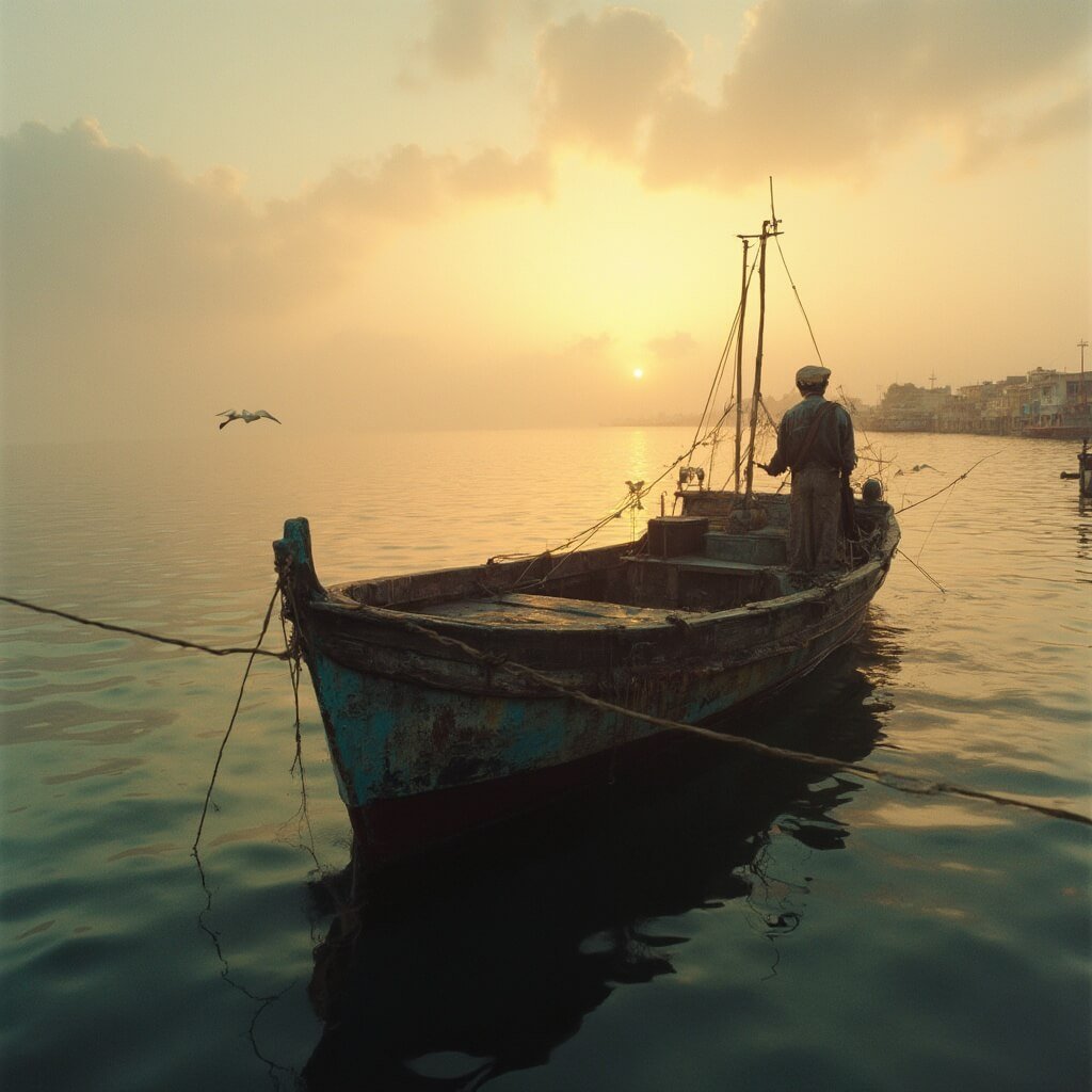 Bay St. Louis: Mississippi's Coastal Paradise You Never Knew Existed Vintage wooden fishing boat with weathered captain at helm during serene Gulf Coast sunrise, with morning mist, seabirds, and fishing nets in golden light, and silhouetted coastal buildings in distance, in a photojournalistic style image.