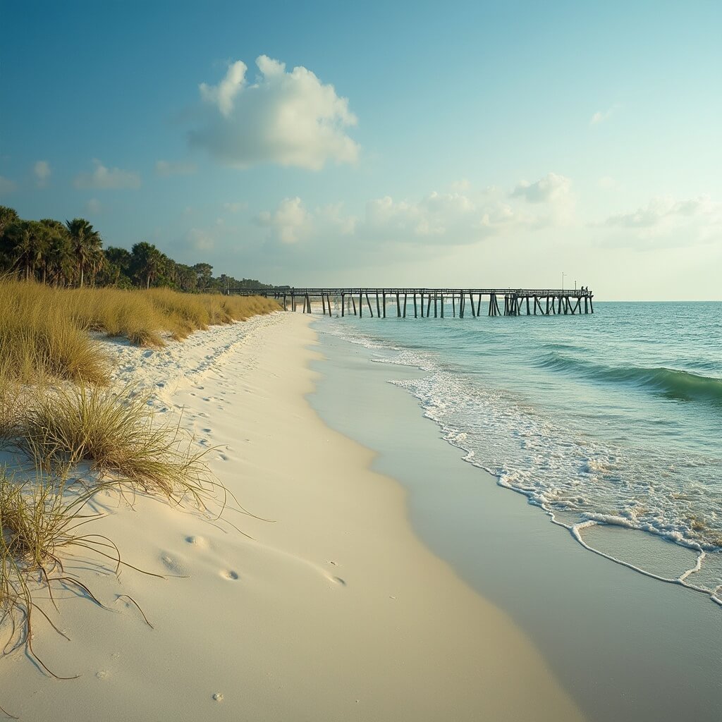 7 Underrated Southern Towns That'll Make You Ditch Your Usual Vacation Spots Serene Bay St. Louis, Mississippi Gulf Coast beach with white sand, calm turquoise waters, wooden pier, gentle waves, morning golden light and lush coastal vegetation