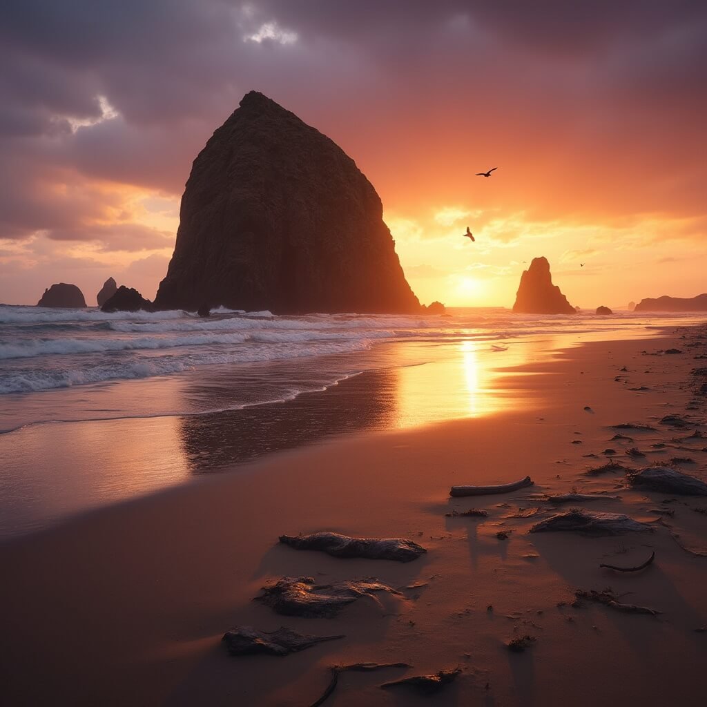 Cannon Beach, Oregon: The Hidden Coastal Gem That'll Make Haystack Rock Look Basic Dramatic sunset over Haystack Rock on a coastal landscape with waves, tide pools, scattered driftwood and circling seabirds