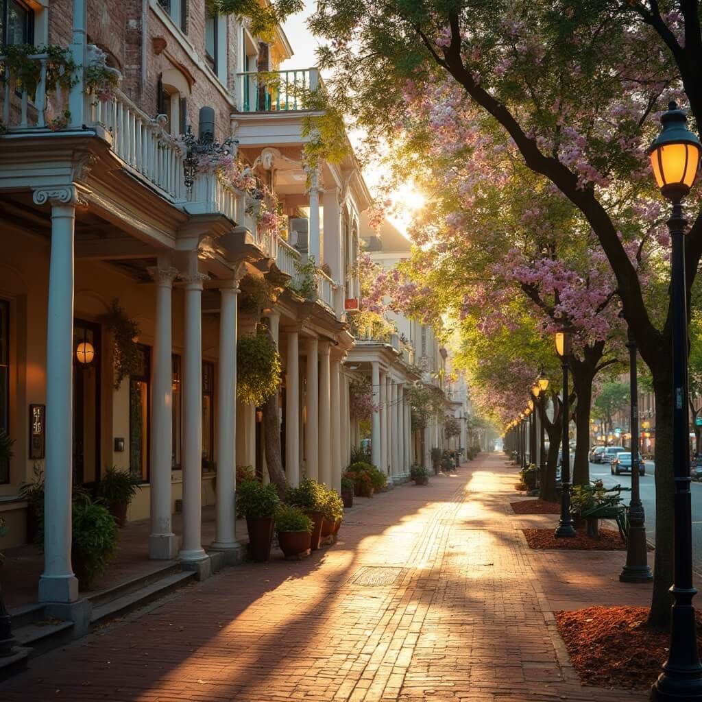 7 Underrated Southern Towns That'll Make You Ditch Your Usual Vacation Spots Historic town square in Covington, Georgia at sunset featuring Victorian architecture, wraparound porches, brick sidewalks, magnolia trees, vintage street lamps and 19th-century storefronts bathed in warm evening light