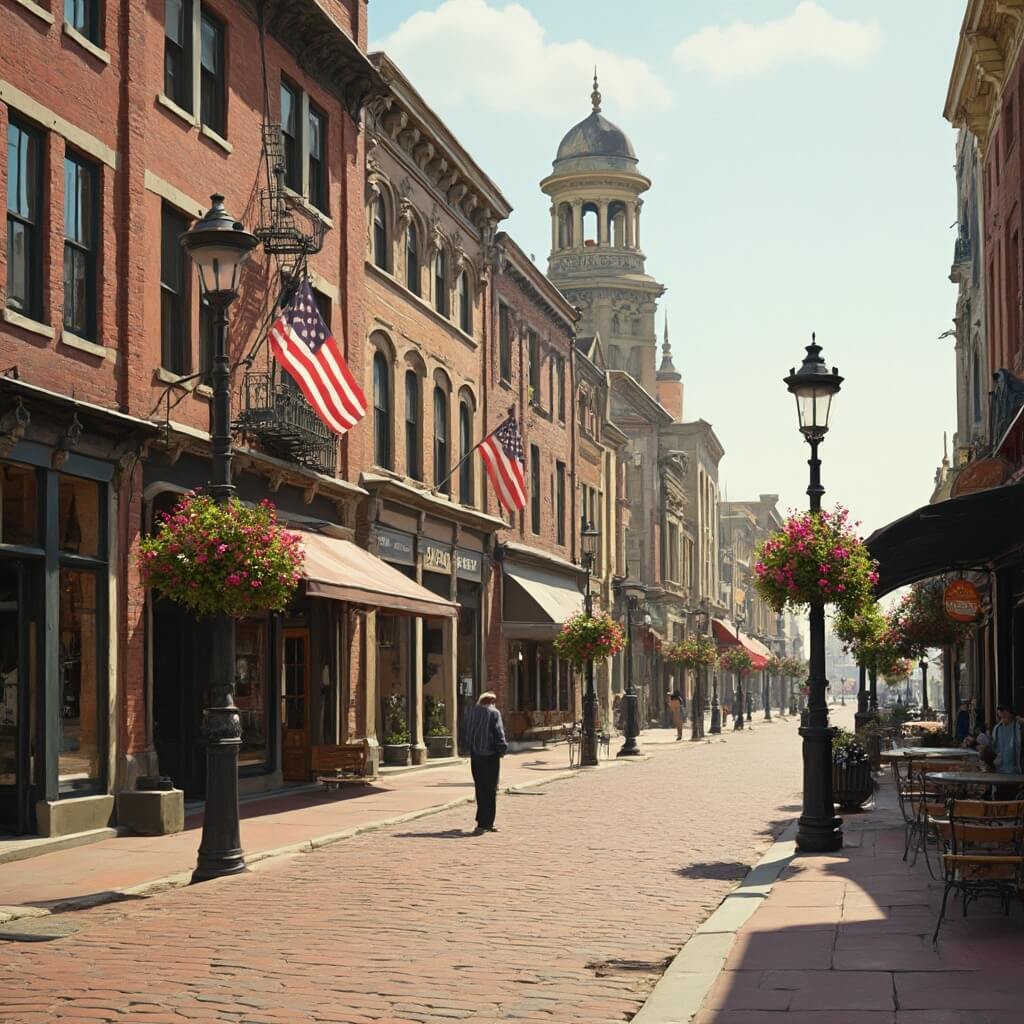 Winterset, Iowa: Where Hollywood Dreams Meet Small-Town Charm Charming 1900s brick-built town square in Winterset with historic limestone architecture, ornate Victorian storefronts, brick-paved sidewalks, vintage street lamps, hanging flower baskets, waving American flags under warm morning light, giving a nostalgic Americana atmosphere