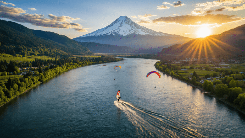 Uncover Hood River: Your Ultimate Adventure Playground in Oregon's Hidden Gem "Windsurfer on Columbia River with paragliders above, Mount Hood in the background and Hood River Valley glowing in golden hour light."