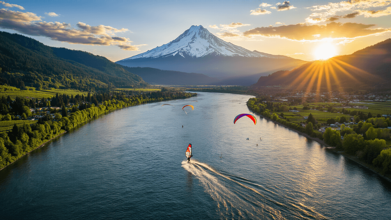 "Windsurfer on Columbia River with paragliders above, Mount Hood in the background and Hood River Valley glowing in golden hour light."