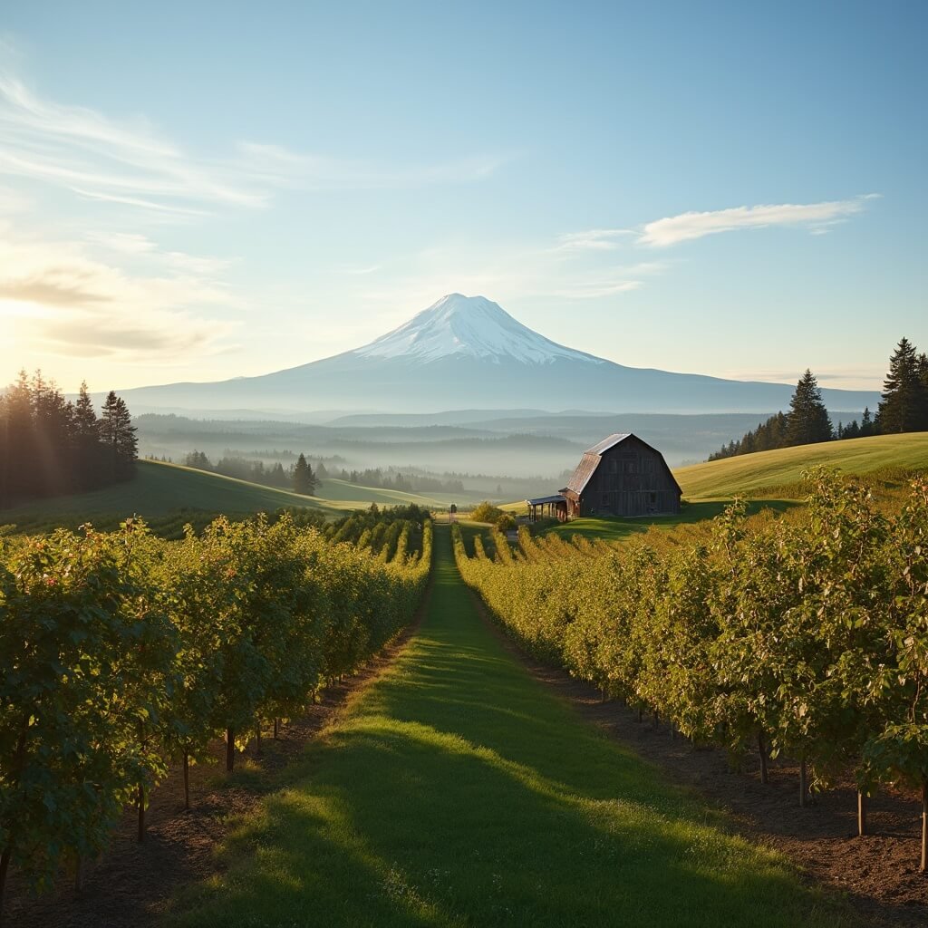 Uncover Hood River: Your Ultimate Adventure Playground in Oregon's Hidden Gem Late summer panoramic view of Hood River Valley with apple orchards, a rustic barn, rolling hills, and Mount Hood under a bright blue sky