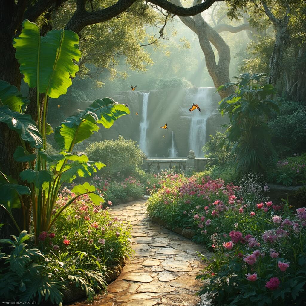 Morning view of Houston Botanic Garden featuring winding pathways, tropical plants, dew-kissed leaves, Japanese maple trees, butterflies over wildflowers, and a stone water feature