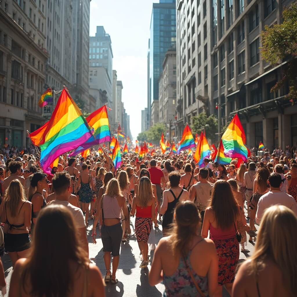 Vibrant Pride Month parade in downtown Houston with diverse crowd, waving rainbow flags, historic buildings, and dynamic sunlight shadows.