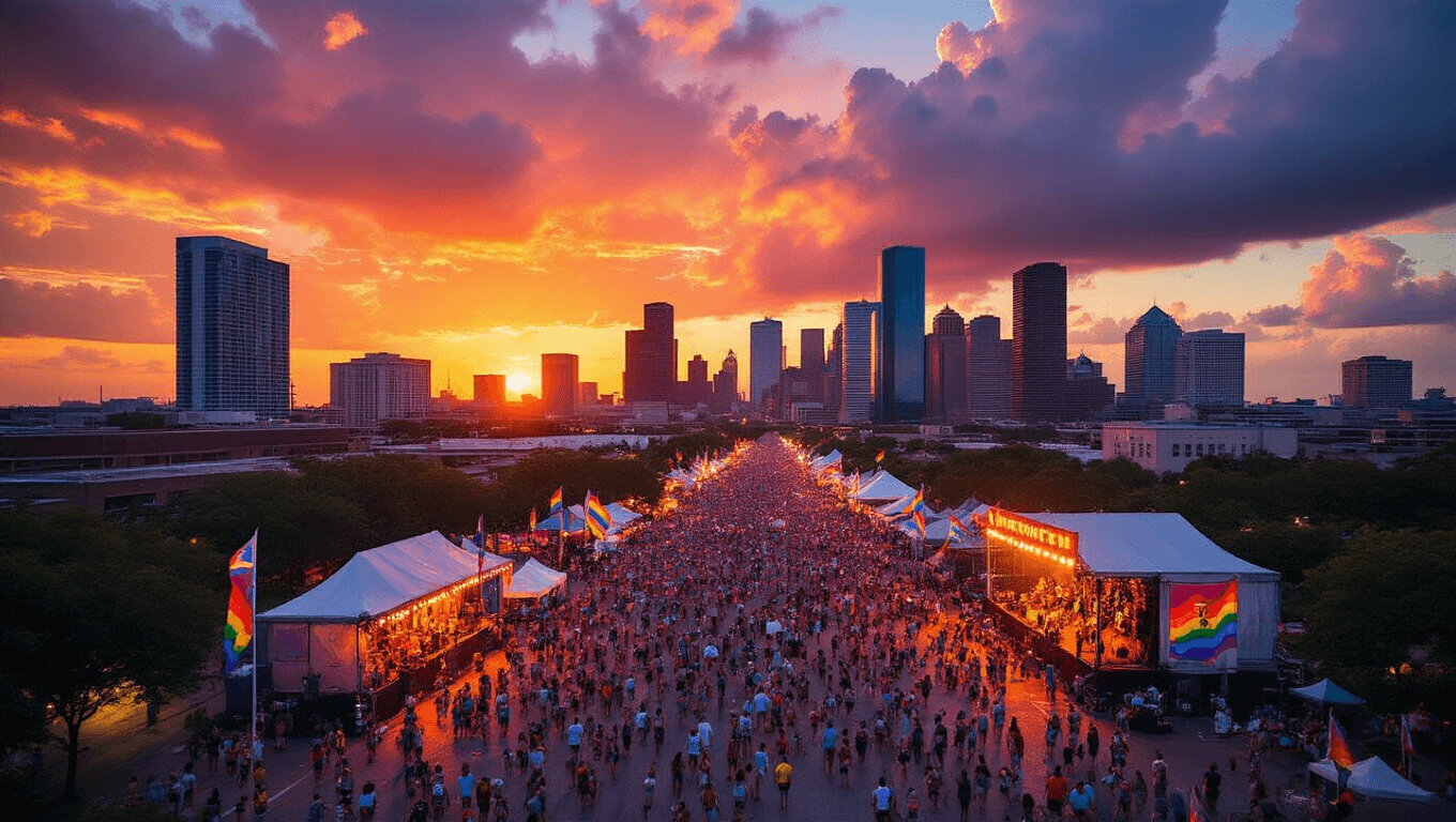 "Aerial view of downtown Houston at sunset during a festival, with crowds, lit-up venues, Pride flags and Juneteenth banners, against a backdrop of storm clouds and hazy skyline"