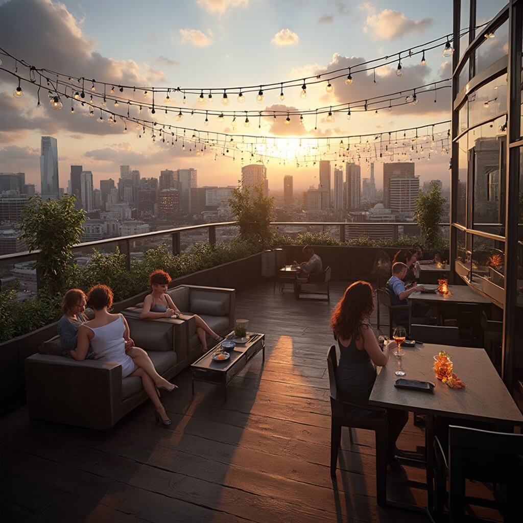 Rooftop bar in Houston at dusk with modern furniture, string lights, a cityscape backdrop, patrons enjoying cocktails, and a sunlit wooden deck with potted plants