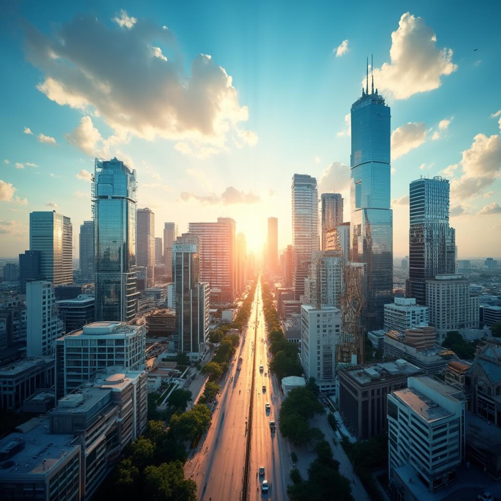 Downtown Houston skyline on a hot summer day with shimmering heat waves over skyscrapers, clear blue sky with few clouds, vibrant and bright urban landscape with no people visible