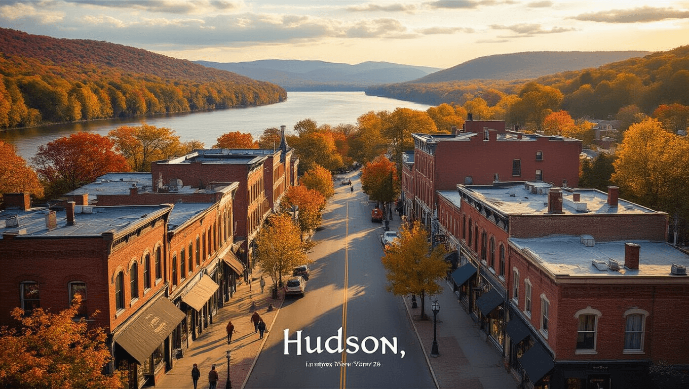 "Aerial view of Warren Street in Hudson, New York during autumn, showcasing historic brick buildings, vibrant fall foliage, the Hudson River, and Catskill Mountains."