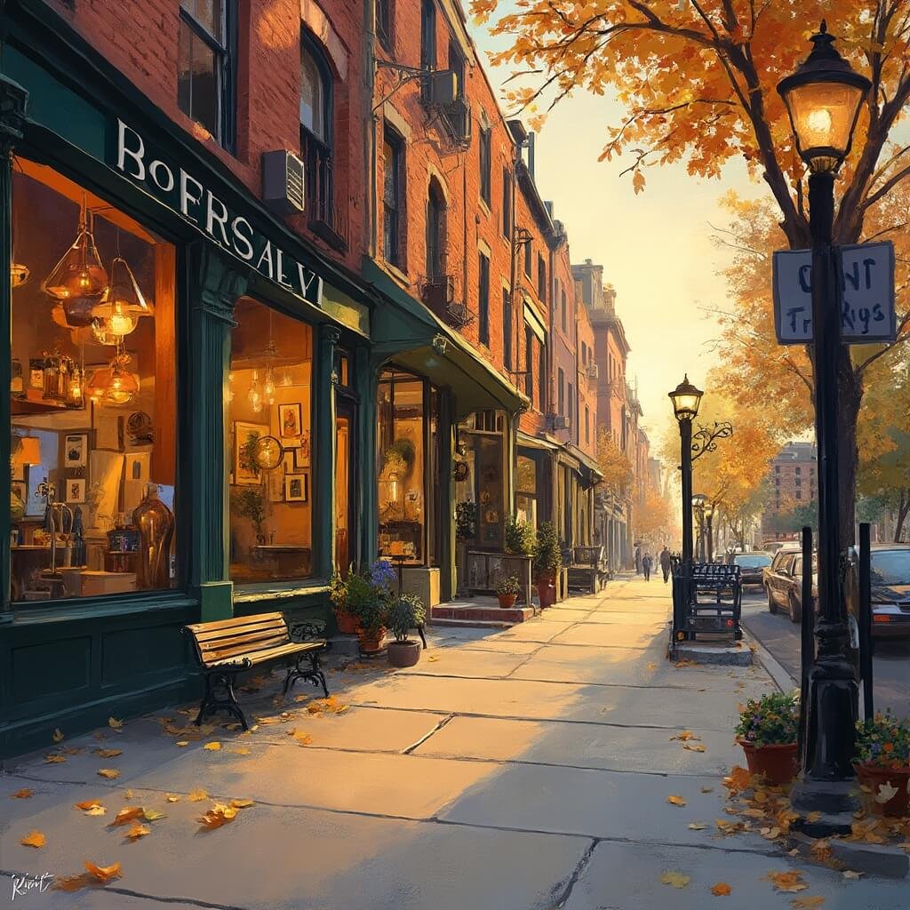 Escape NYC's Chaos: Your Ultimate Hudson, New York Adventure Awaits Historic Warren Street in Hudson, New York during golden hour with brick buildings, gallery windows, vintage storefronts, street lamps, art galleries, and fall leaves on sidewalk in an impressionistic painting style