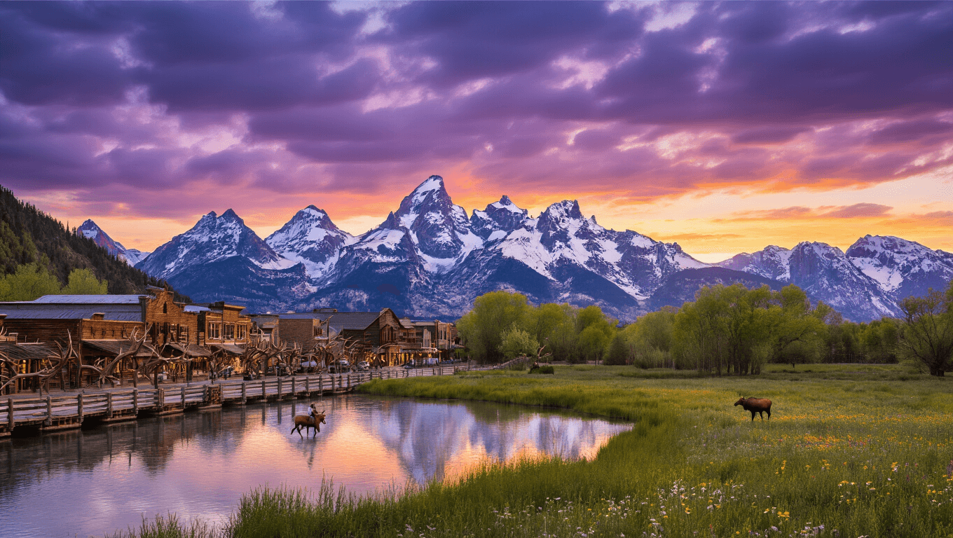 "Panoramic view of Grand Teton mountain range at sunset with elk antler arches, a horseback rider, alpine lake reflection, and a grazing moose in Jackson"